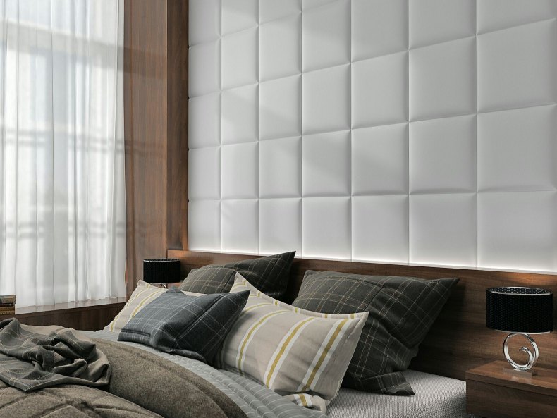 Мягкая панель на всю стену в виде квадратов по индивидуальным размерам для кровати.