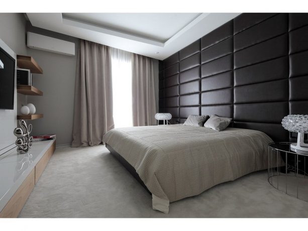 Современный дизайн интерьера спальни с использованием мягких стеновых панелей
